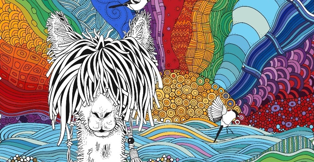 Llama on a Beach coloring page