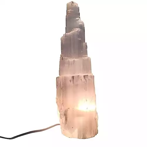 CuartoAstral Selenite Crystal Skyscraper Lamp⎪12"-14" Tall⎪White Cord Dimmable Rotary Switch LED Bulb Included⎪Amazing Space harmonizer⎪High Vibrations Healing Crystal Tower⎪Reiki ...