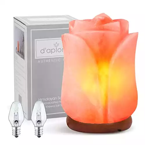 d'aplomb 100% Authentic Natural Himalayan Salt Lamp; Hand Carved Flower Rose Crystal Rock Salt from Himalayan Mountains; Dimmer Cord (Pink Flower)
