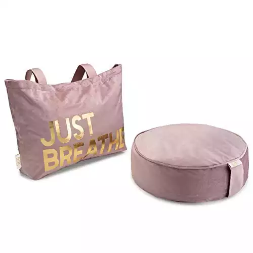 Buckwheat Meditation Cushion Round Zafu Yoga Pillow - Zafu Meditation Cushion Velvet with Zippered Organic Cotton Liner to Add or Remove Hulls | Machine Washable - Free Carry Bag (Rose Quartz)
