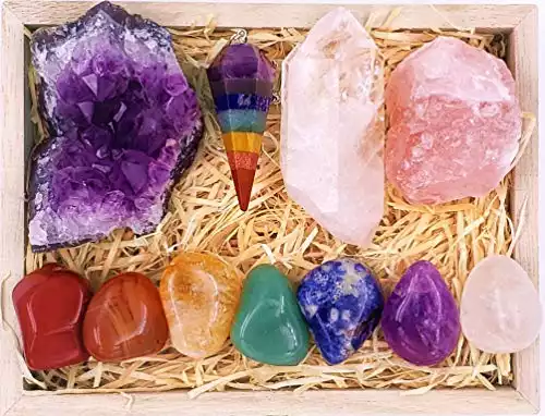 Premium Crystals and Healing Stones Premium Kit in Wooden Box - 7 Chakra Stones Healing Set, Rose Quartz, Amethyst Cluster, Quartz Points, Chakra Pendulum, EBook, Poster, Made-in-USA, Gift Ready