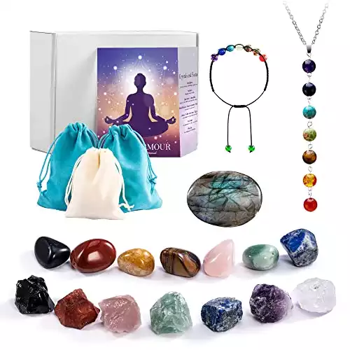 Crystals and Healing Stones Set- 17 PCS Natural Crystal Starter Kit with Labradorite, Chakra Bracelet, Necklace for Meditation
