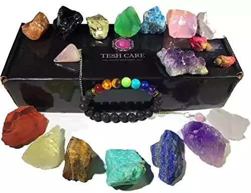 Chakra Therapy Starter Collection 17 pcs Healing Crystals kit, 7 Raw Chakra Stones,7 Colorful Gemstones, Amethyst,Rose Quartz Pendulum,Chakra Lava Bracelet,Dry Roses,Guide,COA,Gift Ready