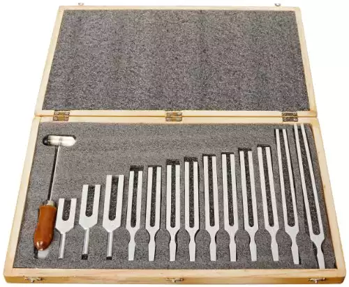 United Scientific TFBOX13 Tuning Fork Wooden Box Set with Mallet, 13 Forks