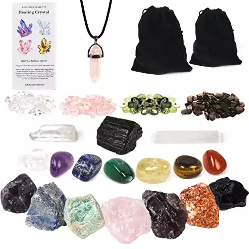 QianCannaor 23Pcs Crystals for Beginners with Guide Booklet, 1.7lb Crystals and Healing Stones, Black Tourmaline,7 Chakra Crystal Set and Stones, Selenite,Chips for Meditation, Witchcraft