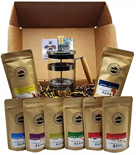 Coffee Gift Box Set 8 Assorted Coffees 2oz plus1 French Press Stainless Steel Glass Coffee Maker. Amazing coffees from all over the world.